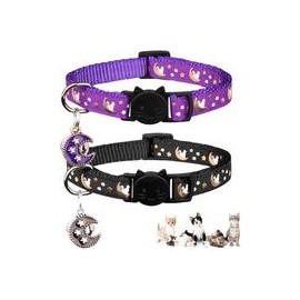 b07zn3rkq5 2 collares Breakaway para gatos con campanas y estrellas ajustables con colgante que brilla en la oscuridad.-mascotas