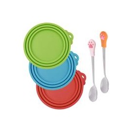 b07gwb8xlq 3 cubiertas de silicona para mascotas y 2 cucharas para mascotas, tapa de comida enlatada y cuchara para perro y gato
