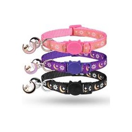 b07zn3m7s4 3PCS Breakaway Cat Collars with Bell Golden Moon Glowing Sun and Star in The Dark for Kitten with Pendant-mascotascap