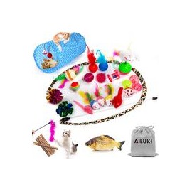 b07fy82ypp Ailuki - Juego de juguetes para gatos, 26 piezas, varios juguetes, incluye túnel de 2 vías, plumas de gato, pez de ga