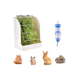 b07xdfv68j Comedero para conejos, dispensador de botellas de agua de conejo, contenedor de alimentos para heno 2 en 1, cuencos p